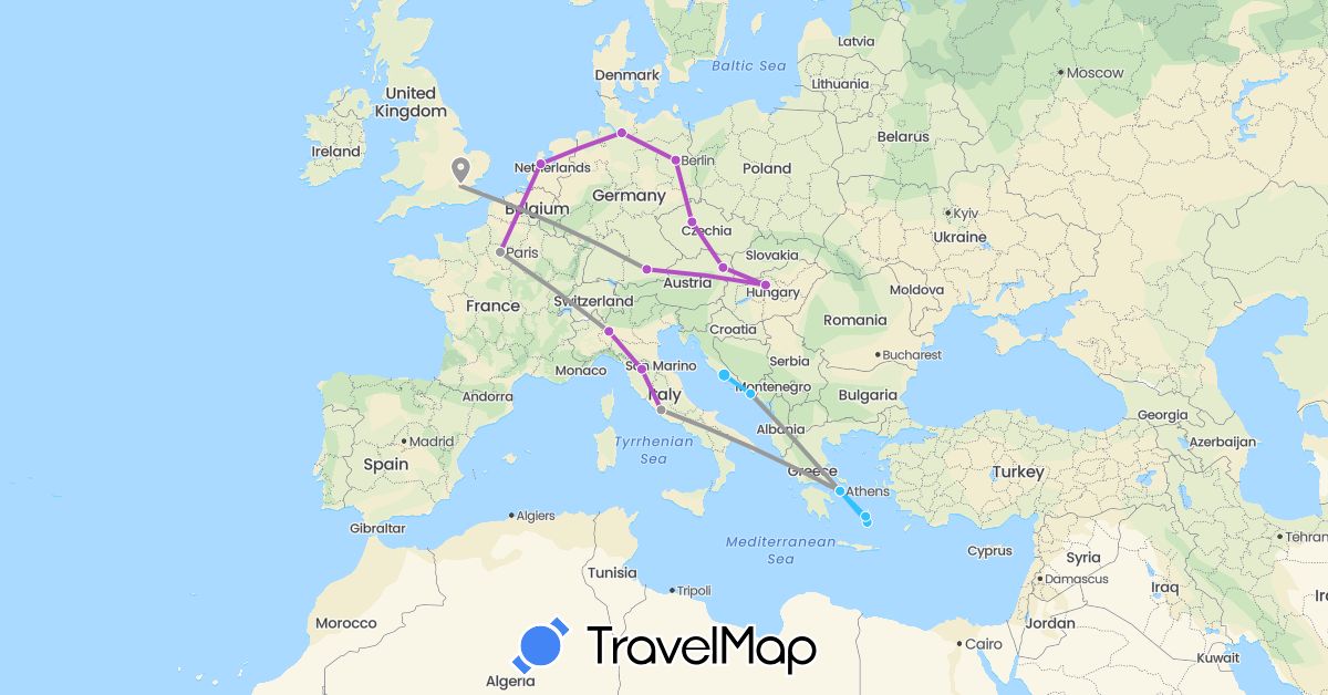 TravelMap itinerary: plane, train, boat in Austria, Czech Republic, Germany, France, United Kingdom, Greece, Croatia, Hungary, Italy, Netherlands (Europe)